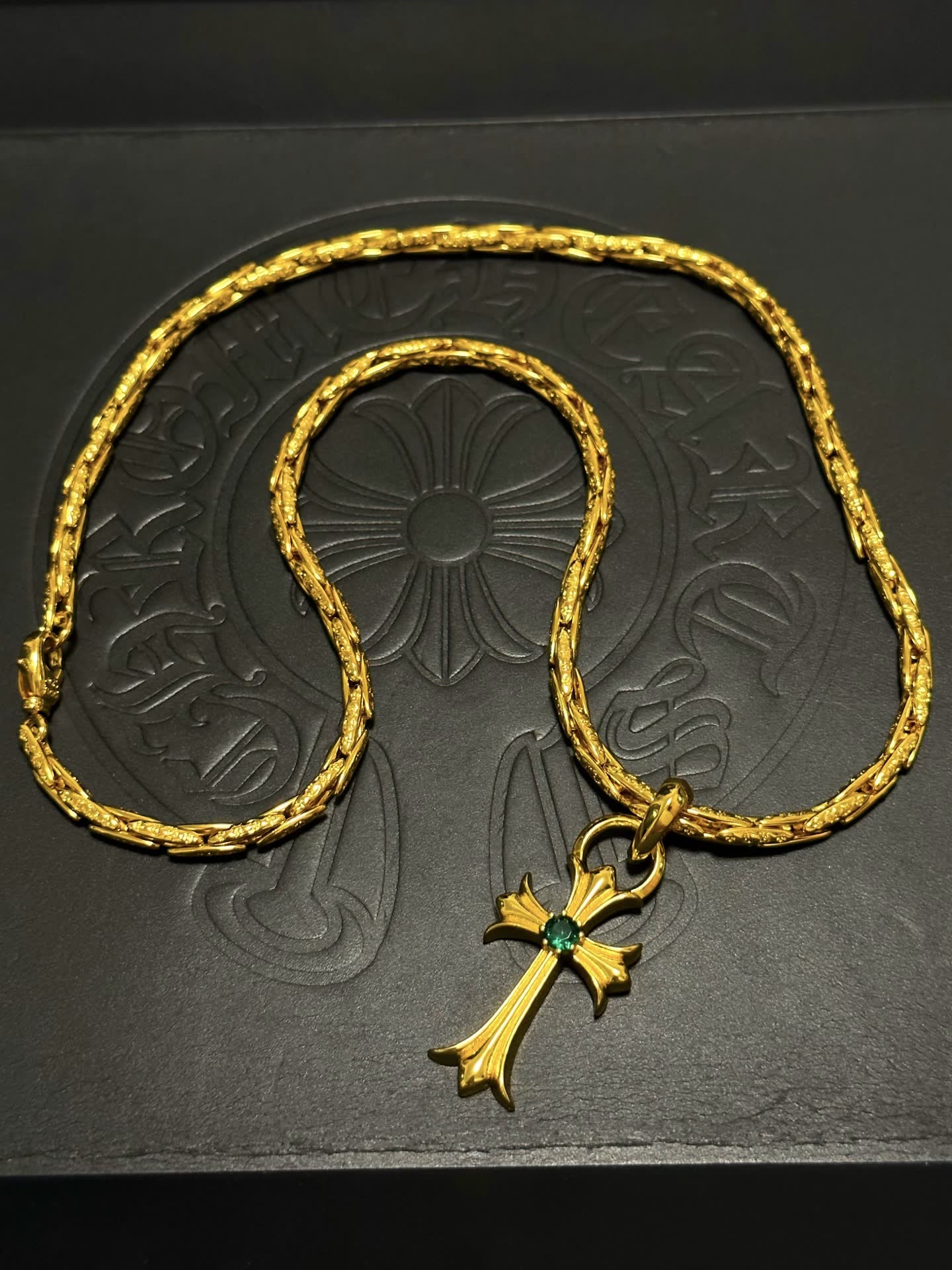 Chrome Hearts Gold Cross Pendant Necklace with Emerald